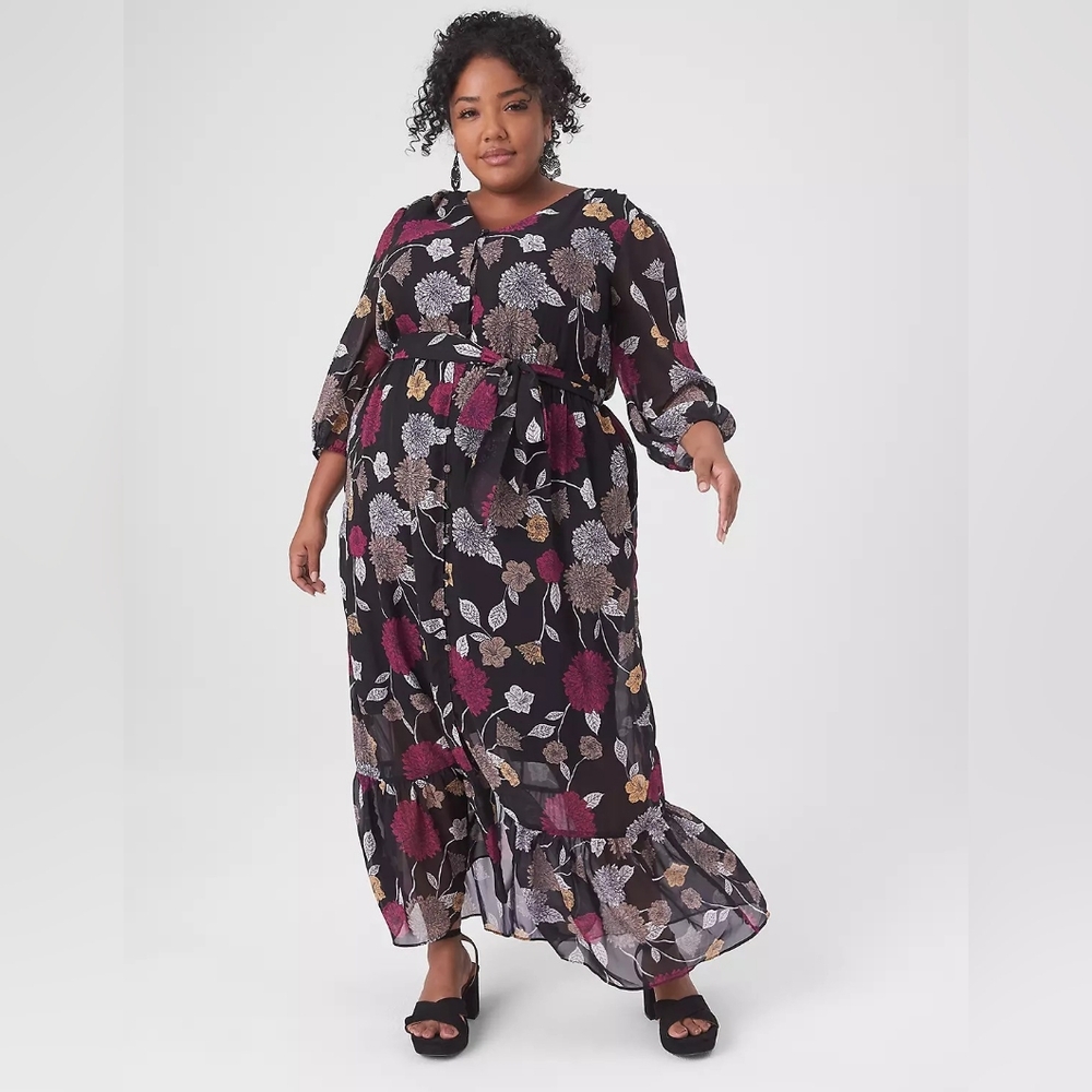 Lane Bryant 3/4-Sleeve Button-Down V-Neck Chiffon Maxi Dress Size 16